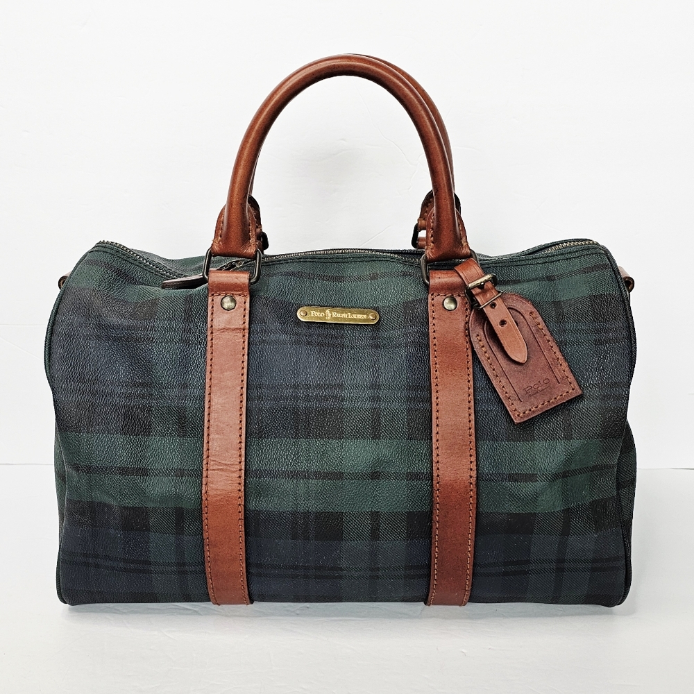 Polo Ralph Lauren Classic Green Plaid Boston Bag with Brown Leather Trim